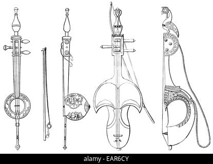 verschiedene Formen der Antike asiatische Saiteninstrumente, Rababa oder Rebaba, Gegenspieler Formen von alten Asiatischen Musikinstrument Stockfoto