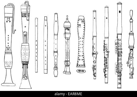 verschiedene Formen der alten Holzblasinstrumente, Flageolett, Schnabel Flute, Querflöte, Doppel-Querflöte, Blockflöte, Gegenspieler Formen Stockfoto