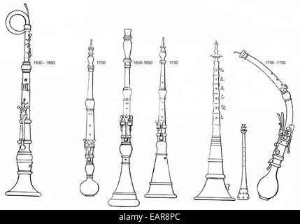 verschiedene Formen der alten Holzblasinstrumente, Englisch Horn, Oboe, Oboe da Caccia, Gegenspieler Formen von alten Holzblasinstrumente Stockfoto