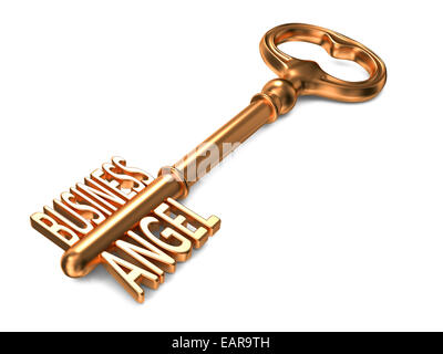 Business-Angel - goldene Schlüssel auf weißem Hintergrund. Stockfoto