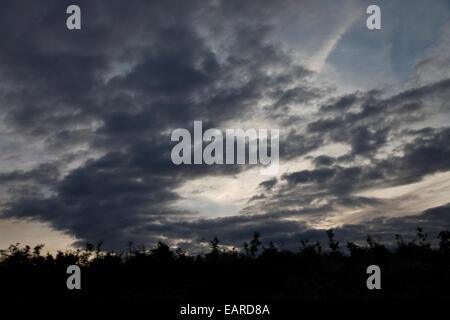 Gewitterwolken bilden im Sommer, die Sonne in Hampshire, England untergeht Stockfoto