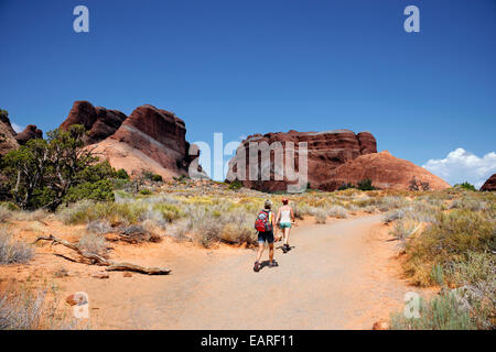 Wanderer auf einem Pfad in Teufels Garten mit Sandstein-Klippen gebildet durch Erosion, Arches-Nationalpark, Devils Garden, Moab, Utah Stockfoto