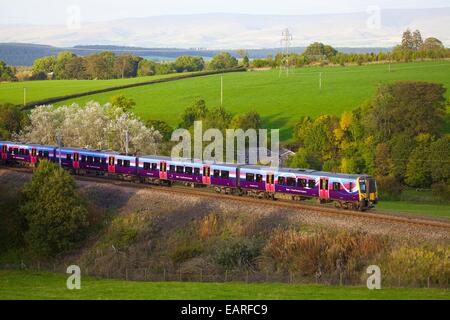 Erste Gruppe Trans Pennine Express, Klasse 185 Zug vorbei Strickland Mühle, große Strickland, Cumbria, West Coast Main Line, UK. Stockfoto