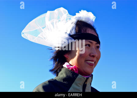Eine lächelnde Braut in ihrer Hochzeitsschleier im antarktischen Wind flattern. Stockfoto