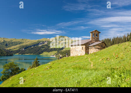 Chapelle de Roselend in der Barrage de Roselend - Reservoir - in der Nähe von Beaufort in Savoie, Rhône-Alpes, Frankreich Stockfoto