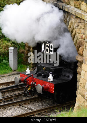 GWR Lok Nr. 5029 Nunney Castle unter einer Brücke in einer Wolke aus Dampf und Rauch entstehen. Stockfoto