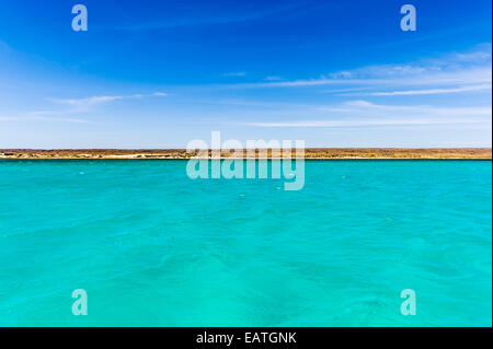 Klaren, türkisfarbenen tropischen Meeren gegen eine Outback-Wüste-Küste. Stockfoto