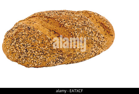 Isolierte Scheibe Vollkornbrot mit Mohn, Sonnenblumen und Sesam Stockfoto