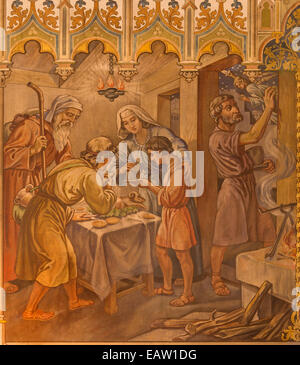Trnava - Neo-gotischen Fresko der Fhe-Szene als Israeliten beim Abendmahl an des Herrn Passah Pessach in St. Nikolauskirche. Stockfoto
