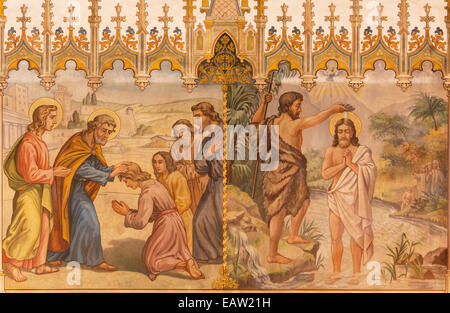 Trnava - das neugotische Fresko der Fhe Szene Taufe Christi und der Apostel zur Bestätigung Stockfoto