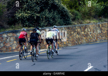 Radfahrer Geschwindigkeit auf eine kurvenreiche Küstenstraße auf ihre Rennräder. Stockfoto