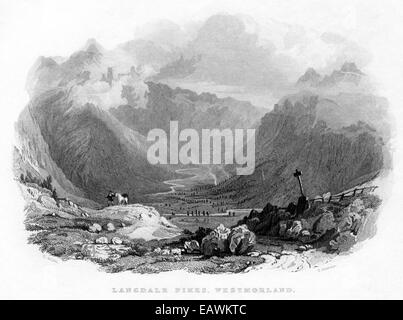 Eine Gravur mit dem Titel "Langdale Pikes, Westmorland" Scannen mit hoher Auflösung aus einem Buch, veröffentlicht im Jahre 1834. Stockfoto