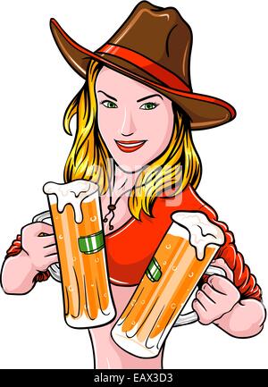 Cowgirl mit Bier Stockfoto