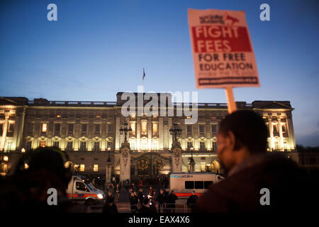 Ein Student hält ein Plakat vor Buckingham Palace in der Dämmerung, nach dem Ende des offiziellen Marsches. Stockfoto