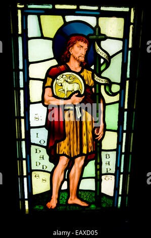 Hl. Johannes der Täufer, Glasmalerei Paneele aus dem jetzt abgerissen Kapelle, Castell Coch, Tongwynlais, Cardiff, Wales. Stockfoto