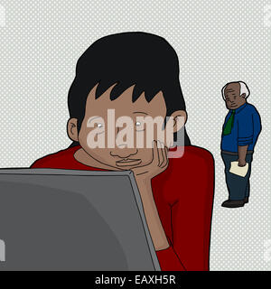 Boss Mann beobachten Dame Arbeit am laptop Stockfoto