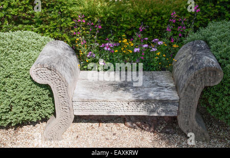 Arundel Castle kleine Holzbank mit Osteosermum und Zweizahn mit zwei Kugeln in Kasten (Buxus Sempervirens) und eine Hecke Taxus (Eibe) Stockfoto