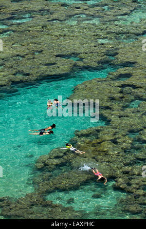 Leute Schnorcheln unter Korallenriff bei Hanauma Bay Nature Preserve, Oahu, Hawaii, USA Stockfoto