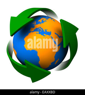 3D Render Recycling Symbol und abstrakt Erde auf weißem Hintergrund Stockfoto