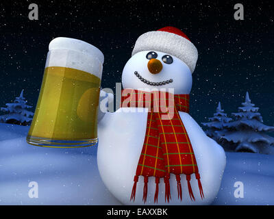 3D Render Schneemann hält einen Krug Bier Stockfoto