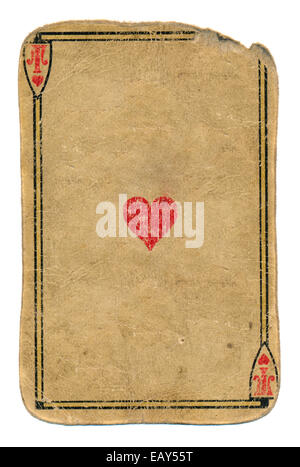 Antike verwendeten Spielkarte Ass Herzen Grunge Hintergrund isoliert auf weiss Stockfoto