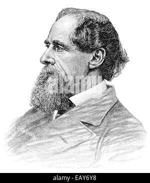 Porträt von Charles John Huffam Dickens oder Boz, 1812-1870, ein englischer Schriftsteller, Historische Zeichnung aus Dem 19. Halbmonatsschrift, P Stockfoto