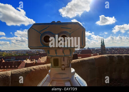 Fernrohr in die Nürnberger Burg, Blick auf die Stadt, Kirche, Himmel, Wolken Stockfoto