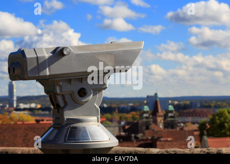 Fernrohr in die Nürnberger Burg, Blick auf die Stadt, Kirche, Himmel, Wolken Stockfoto