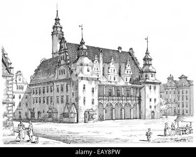 Historische architektonische Abbildung aus dem 19. Jahrhundert, 1873, Fassade im Stil Renaissance, Rathaus, Brzeg oder Brieg, ein Stockfoto