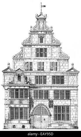 Historische architektonische Abbildung aus dem 19. Jahrhundert, 1875, Fassade im Stil Weser-Renaissance, Baeckerstrasse, Hameli Stockfoto