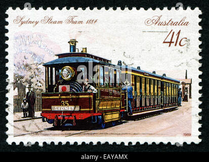 Australien - CIRCA 1989: A Briefmarke gedruckt in Australien zeigt die Dampfstraßenbahn, Sydney, 1884, Serie, circa 1989 Stockfoto