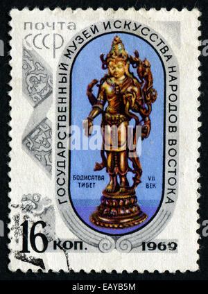 Russland - ca. 1969: Briefmarke gedruckt von Russland zeigt Bodhisattva, Tibet, 7. Jahrhundert, Schätze aus dem State Museum of Oriental Stockfoto