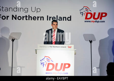 Belfast, Nordirland. 22. November 2014. -Stadtrat Gavin Robinson befasst sich der DUP-Konferenz 2014 nachdem er als Kandidat der Westminster für East Belfast Credit angekündigt: Stephen Barnes/Alamy Live News Stockfoto