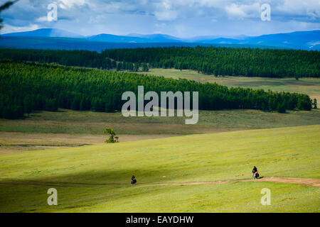 Radfahren in der mongolischen Steppe, Mongolei Stockfoto