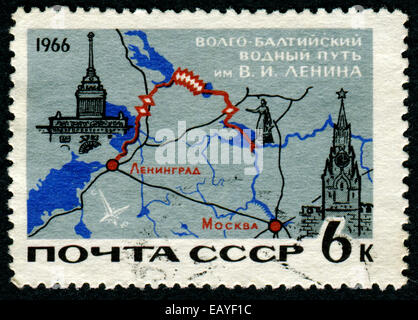UdSSR - ca. 1966: Eine Briefmarke gedruckt in der UdSSR von der "Sowjetischen Transport"-Ausgabe zeigt Karte von Lenin Volga-Baltische-Kanalsystem Stockfoto