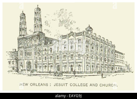 Eine Illustration aus dem Jahr 1891, die das Jesuit College und die Kirche in New Orleans, Louisiana, zeigt. Diese Karte und Skizze zeigen das architektonische Layout und die Gestaltung der Institution. Stockfoto