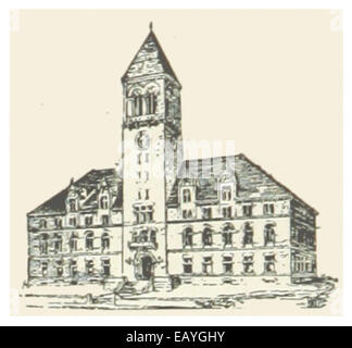 Diese 1891 abgebildete Abbildung zeigt das Rathaus von Cambridge in Massachusetts und hebt seine architektonischen Merkmale und die Bedeutung des Gebäudes für die lokale Verwaltung während des späten 19. Jahrhunderts hervor. Stockfoto