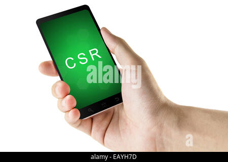 Corporate social Responsibility oder CSR Wort auf weißem Hintergrund Telefon isoliert Stockfoto