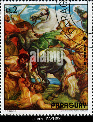 PARAGUAY - CIRCA 1978: Eine Briefmarke gedruckt in Paraguay Shows Jagd für Tiger und Löwen von Arist Rubens, ca. 1978 Stockfoto