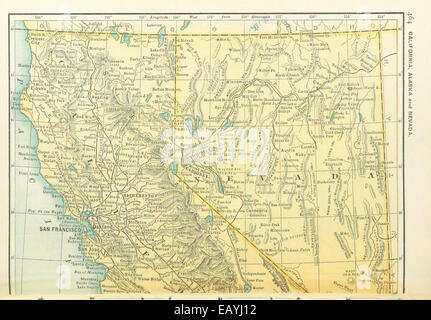Diese Karte von Kalifornien, Nevada und Alaska aus dem Jahr 1891 zeigt die Topographie, die wichtigsten Städte und die geographischen Grenzen dieser Regionen. Die Karte hebt die vielfältigen Landschaften und Schlüsselmerkmale hervor, darunter Berge, Flüsse und Küsten, und bietet Einblicke in das geografische Verständnis dieser Gebiete im späten 19. Jahrhundert. Stockfoto