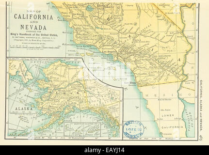 Diese Karte aus der US-Kartenveröffentlichung von 1891 zeigt die Regionen Kaliforniens, Nevadas und Alaskas und hebt geografische Besonderheiten und territoriale Grenzen des späten 19. Jahrhunderts hervor. Stockfoto