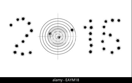 Einschusslöcher und Ziel in Form von 2016 isoliert auf weiss Stockfoto