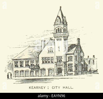Eine Illustration von Kearneys Rathaus aus aus dem Jahr 1891 in Nebraska. Das Bild zeigt die Architektur und Struktur des Bürgergebäudes, eines der wichtigsten Merkmale des Stadtgebietes. Stockfoto