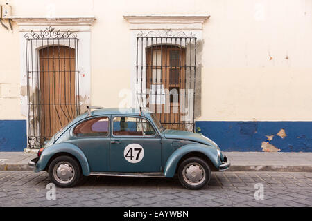 Eine alten VW Käfer auf einer gepflasterten Straße geparkt 27. Oktober 2013 in Oaxaca, Mexiko. Käfer wurden bis 2004 in Mexiko produziert. Stockfoto