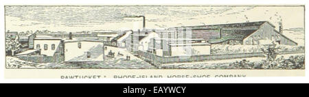 Eine Illustration der Horse-Shoe Company in Rhode Island aus dem Jahr 1891 in Pawtucket, die die industrielle Architektur und den Betrieb des Unternehmens darstellt. Stockfoto