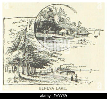 Diese Abbildung aus dem Jahr 1891 zeigt den Genfer See in Wisconsin und bietet eine ruhige Darstellung des Wassers und der umliegenden Landschaft, die die natürliche Schönheit und die Bedeutung der Freizeit unterstreicht. Stockfoto