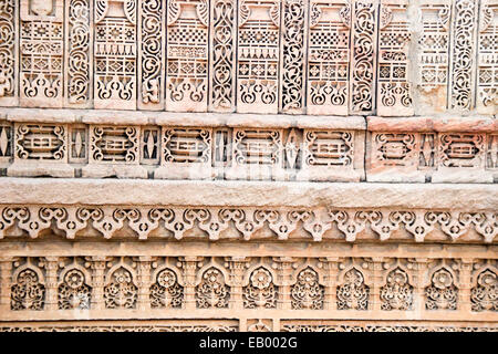 Wunderschöne, filigrane, Miniatur schnitzen an Wand Adalaj Schritt gut, Ahmedabad, Gujarat, Indien, Asien Stockfoto