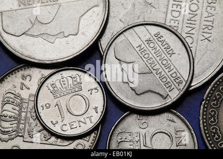 Münzen der Niederlande. Stilisiertes Porträt von Königin Beatrix der Niederlande auf die niederländische Gulden-Münze abgebildet. Stockfoto