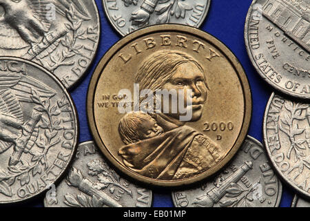 Münzen der USA. Sacagawea mit ihrem Kind auf dem uns Sacagawea Dollar dargestellt. Stockfoto