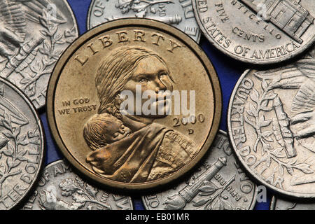 Münzen der USA. Sacagawea mit ihrem Kind auf dem uns Sacagawea Dollar dargestellt. Stockfoto